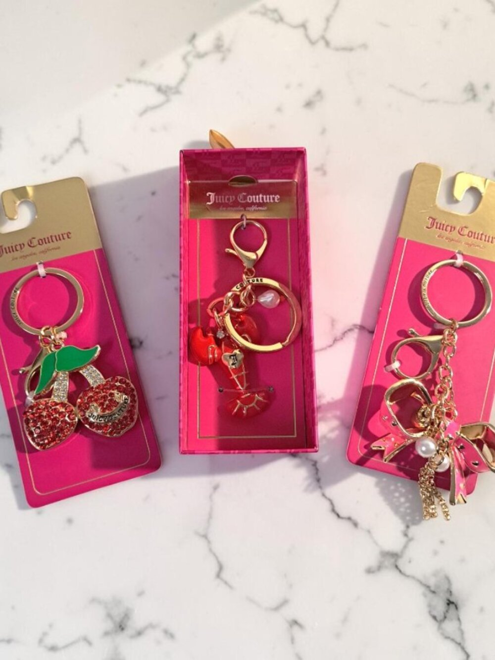 Juicy Couture Bow, Cherry & Red Lobster Charm Keychain Trio Set Bundle NWT